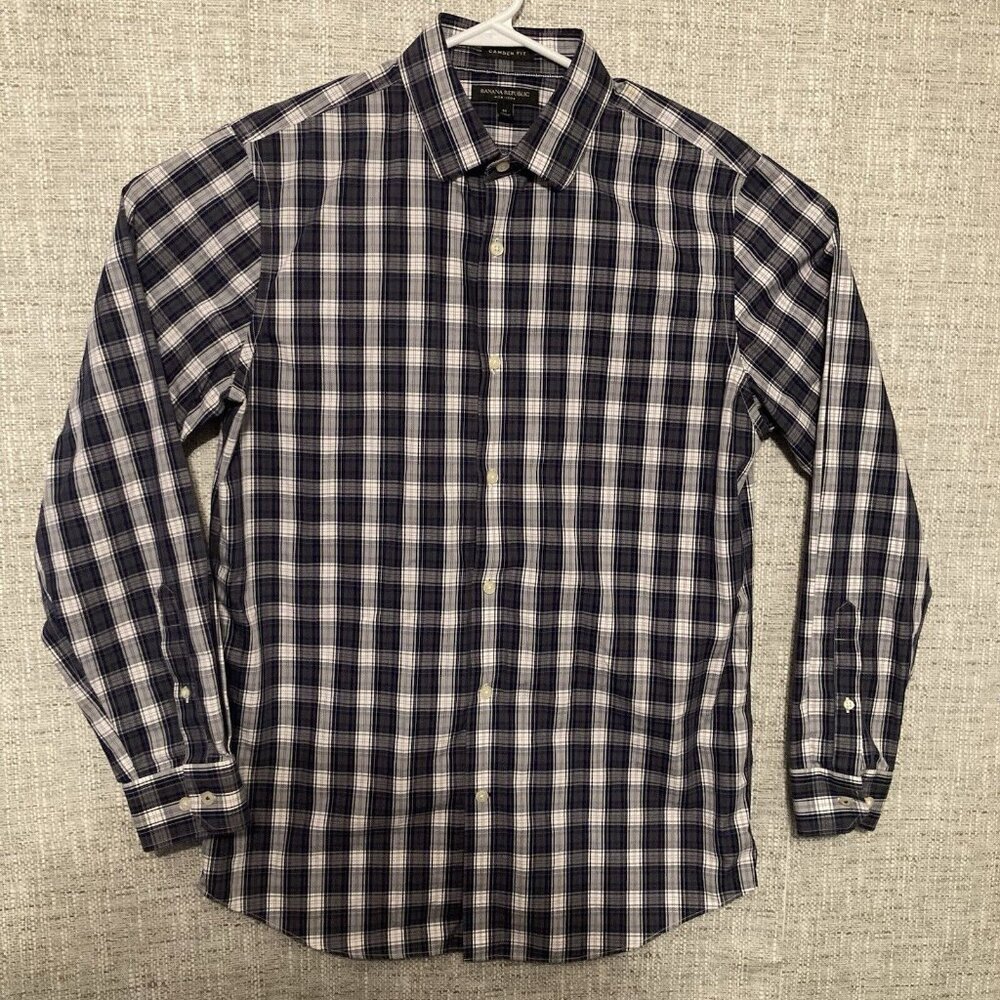 Banana Republic Shirt Mens Medium Camden Fit Purple Plaid Button Up Long Sleeve